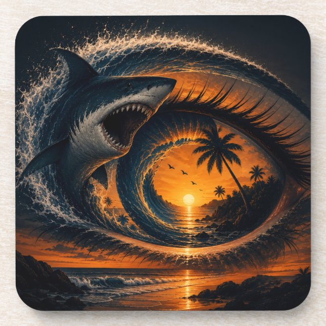 Eye of the Wave – Surreal Shark Sunset Throw Pillo Beverage Coaster (Front)
