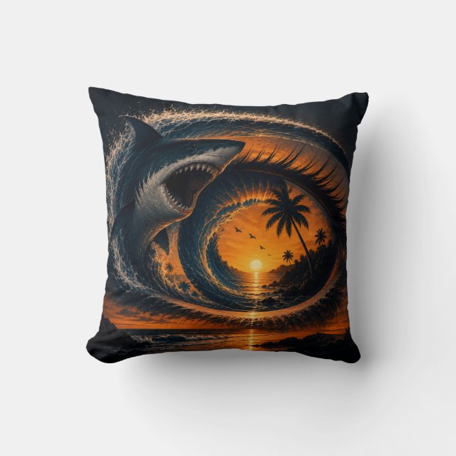 Eye of the Wave – Surreal Shark Sunset Throw Pillo Pillow (Front)