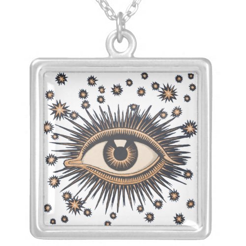 Eye Stars Moon Celestial Nouveau Silver Plated Necklace