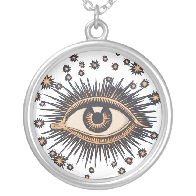 Eye Stars Moon Celestial Nouveau Silver Plated Necklace (Front)