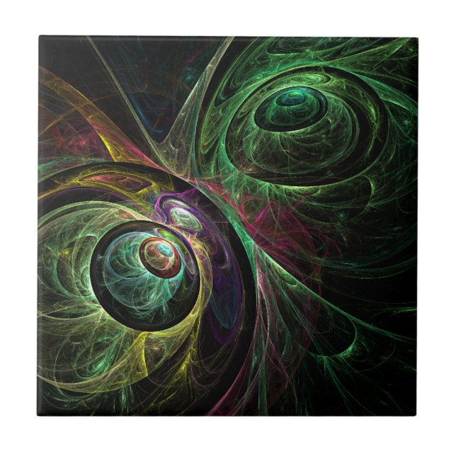 Eye to Eye Modern Fractal Green Gold Abstract Art  Ceramic Tile (Front)