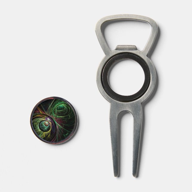 Eye to Eye Modern Fractal Green Gold Abstract Art  Divot Tool (Front (Open))