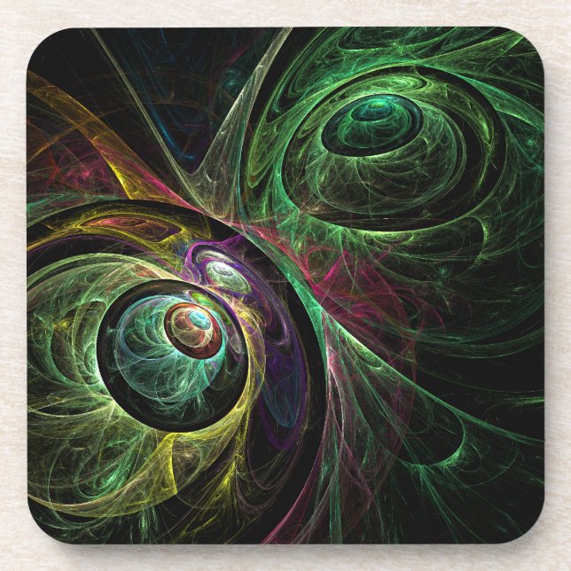 Eye to Eye Modern Fractal Green Gold Abstract Art  Drink Coaster (Front)