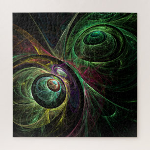 Eye to Eye Modern Fractal Green Gold Abstract Art  Jigsaw Puzzle