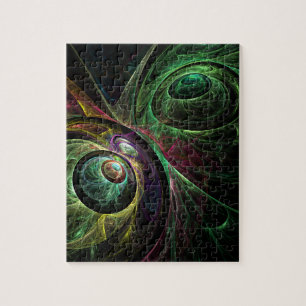 Eye to Eye Modern Fractal Green Gold Abstract Art Jigsaw Puzzle