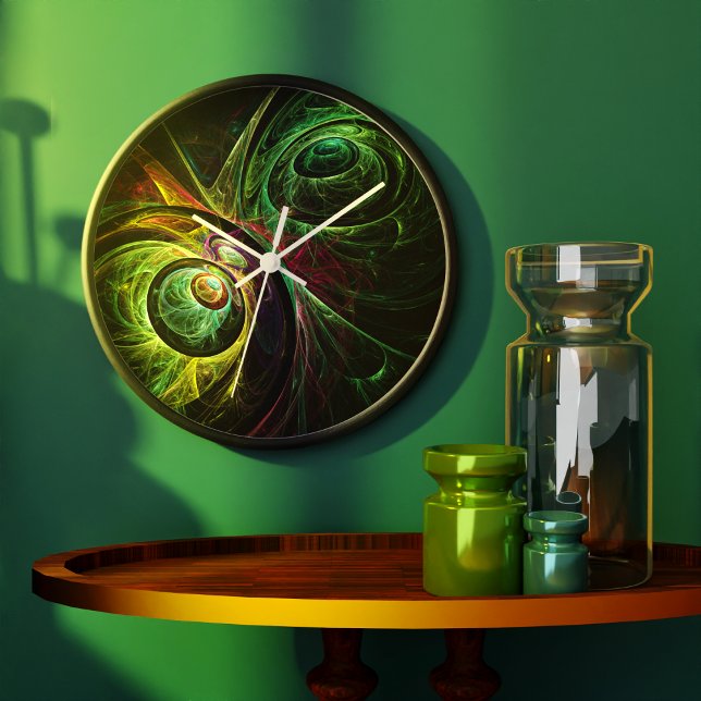 Eye to Eye Modern Fractal Green Gold Abstract Art  Large Clock (Eye to Eye Abstract Art Round Clock)