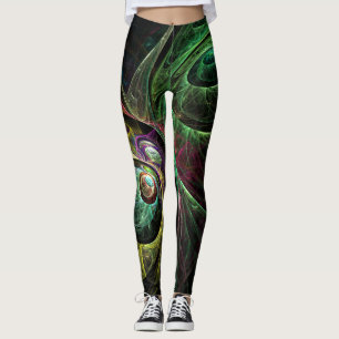 Eye to Eye Modern Fractal Green Gold Abstract Art Leggings