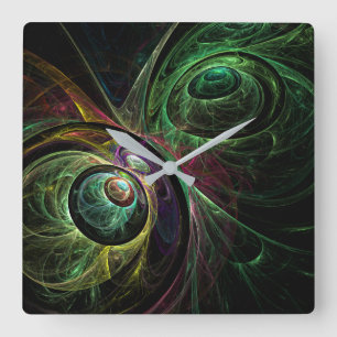 Eye to Eye Modern Fractal Green Gold Abstract Art Square Wall Clock