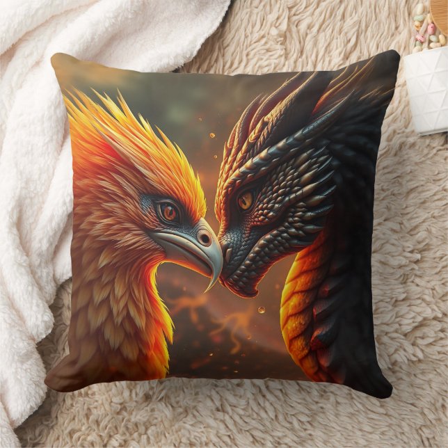 Eye to Eye with a Phoenix and a Dragon Throw Pillow (Blanket)