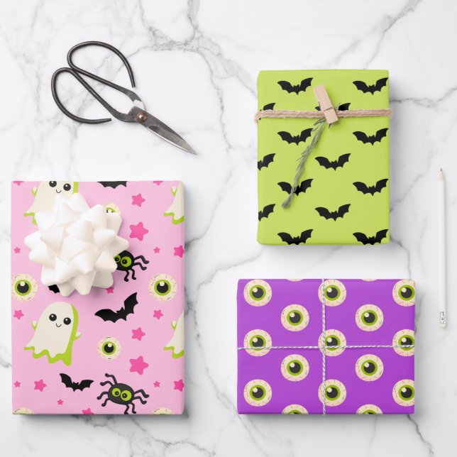 Eyeball Ghost Bat Spooky Cute Halloween Pattern  Wrapping Paper Sheets (Front)