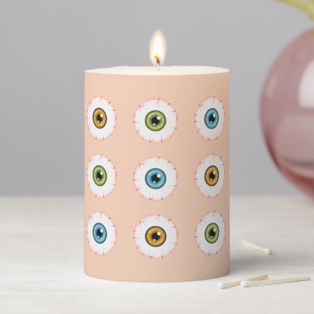 Eyeball Pattern Creepy Bloodshot Halloween Eyes Pillar Candle (In Situ)