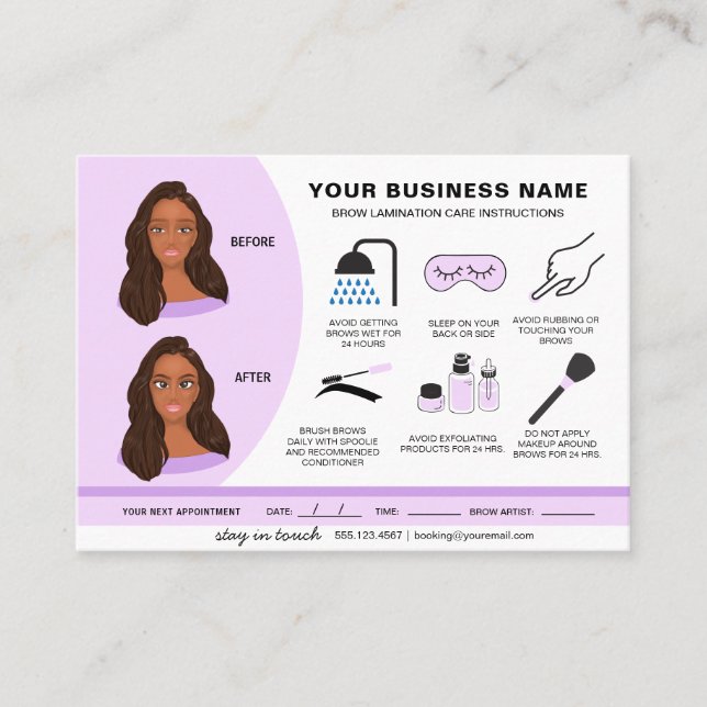 Eyebrow Lamination Aftercare Instructions Business Business Card (Front)