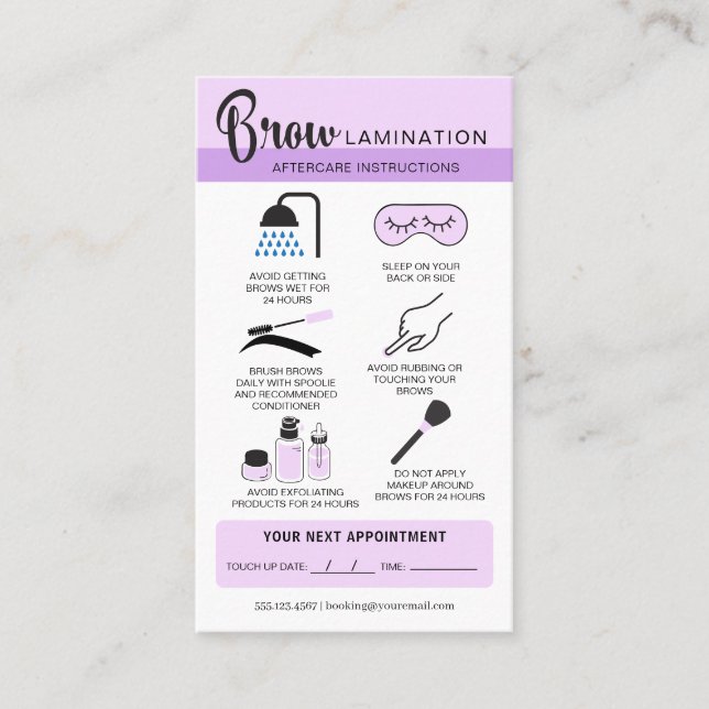 Eyebrow Lamination Aftercare Instructions Business Card (Front)