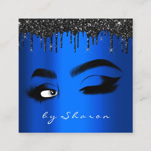 Eyebrow Lash Black Drips 6 Punches Custom Logo Blu Square Business Card