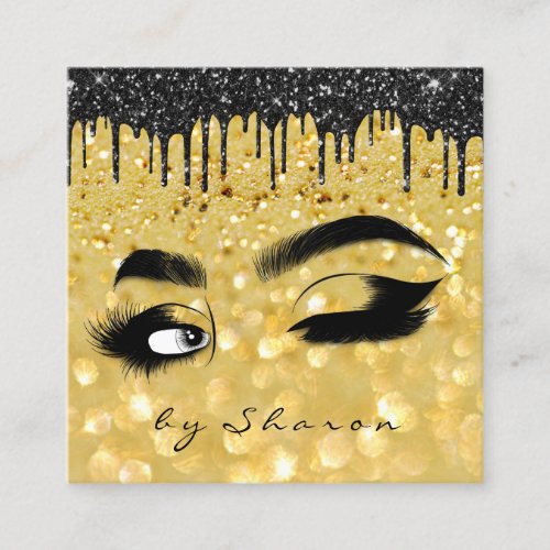 Eyebrow Lash Black Drips 6 Punches  QR Code Gold Square Business Card