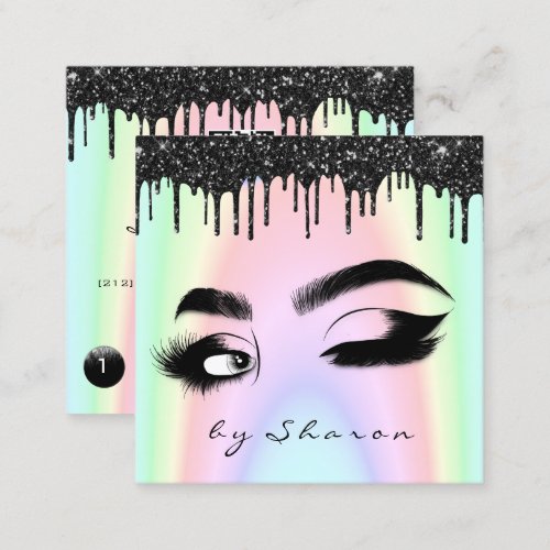 Eyebrow Lash Black Drips 6 Punches QR Code Pink Square Business Card