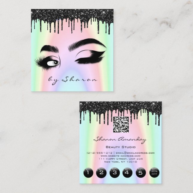 Eyebrow Lash Black Drips 6 Punches QR Code Pink Square Business Card (Front/Back)