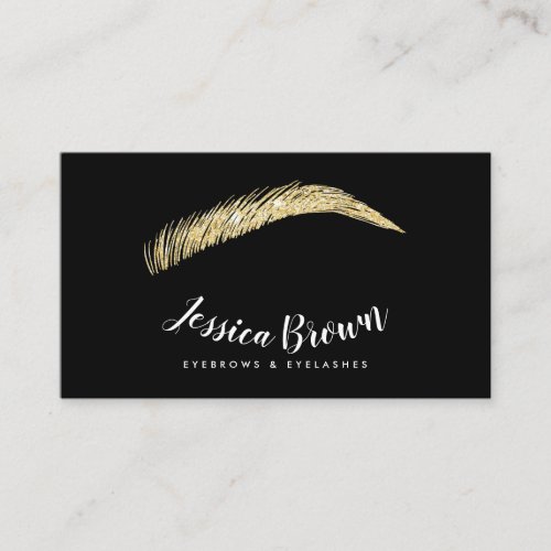 Eyebrow lashes chic gold glitter name glam black business card