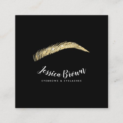 Eyebrow lashes chic gold glitter name glam black square business card