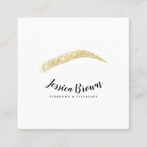 Eyebrow lashes chic gold glitter name glam white square business card