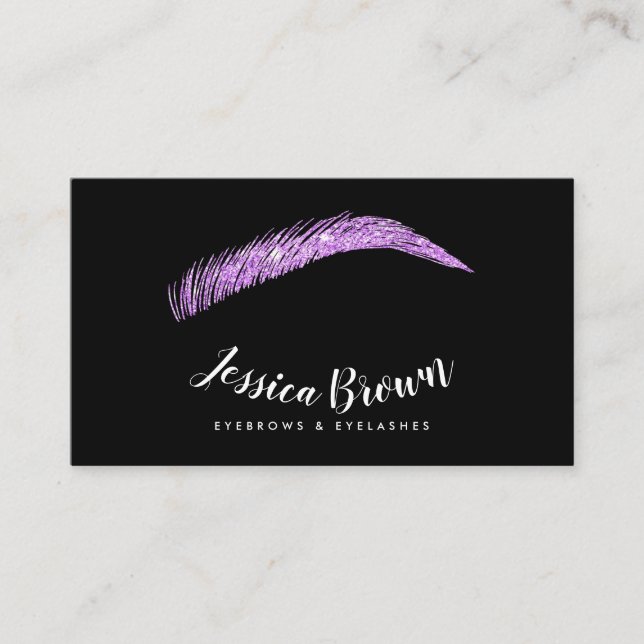 Eyebrow lashes chic purple glitter name glam black business card (Front)