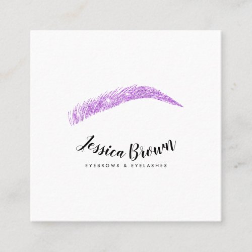 Eyebrow lashes chic purple glitter name glam white square business card