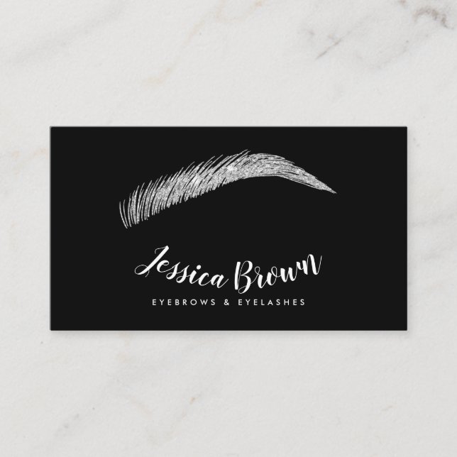 Eyebrow lashes chic silver glitter name glam black business card (Front)