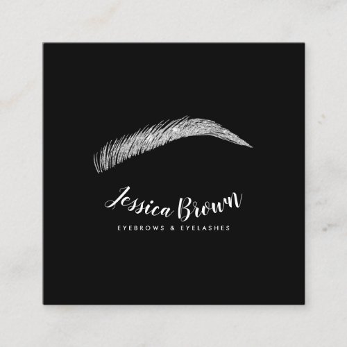 Eyebrow lashes chic silver glitter name glam black square business card