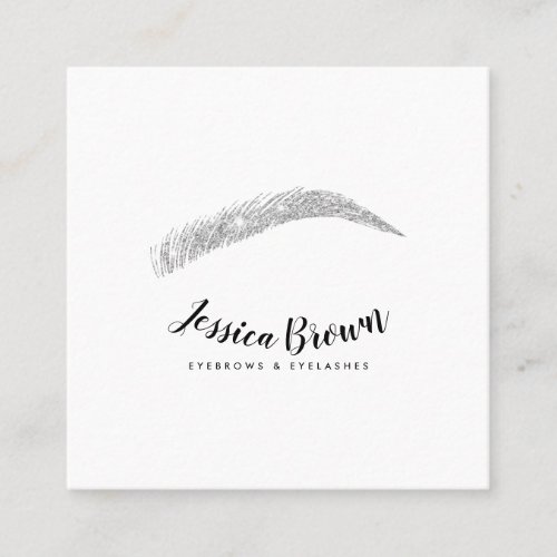 Eyebrow lashes chic silver glitter name glam white square business card