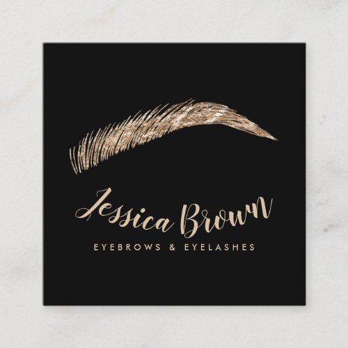 Eyebrow lashes luxury gold glitter name glam black square business card