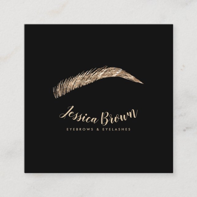 Eyebrow lashes luxury gold glitter name glam black square business card (Front)