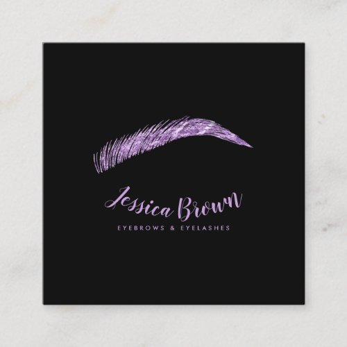 Eyebrow lashes luxury purple glitter name glam square business card