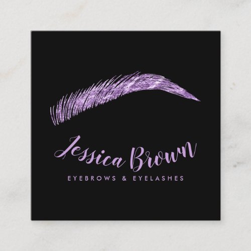 Eyebrow lashes luxury purple glitter name glam square business card