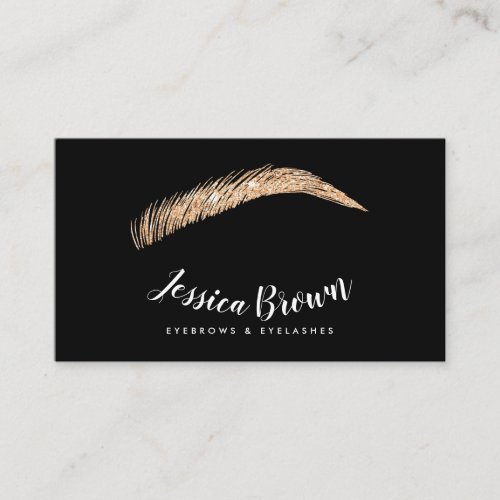 Eyebrow lashes rose gold glitter name glam black business card