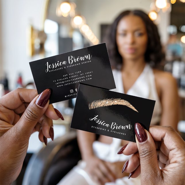 Eyebrow lashes rose gold glitter name glam black business card (Eyebrow lashes rose gold glitter name glam black)