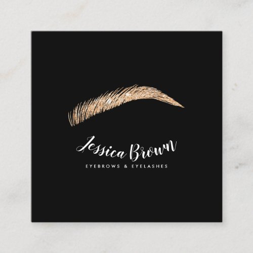 Eyebrow lashes rose gold glitter name glam black square business card