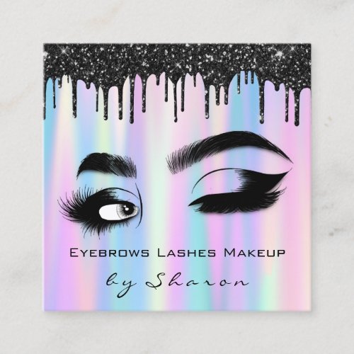 Eyebrows Lash Teal 6 Punches QR Code HolographPink Square Business Card