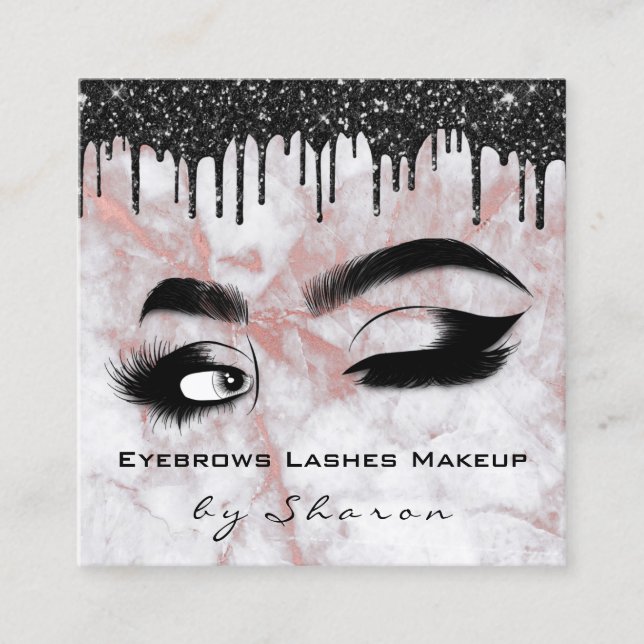 Eyebrows Lash Teal 6 Punches QR Code Marble Rose Square Business Card (Front)