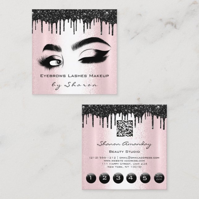 Eyebrows Lashes Teal 6 Punches QR Code Logo Pink Square Business Card (Front/Back)