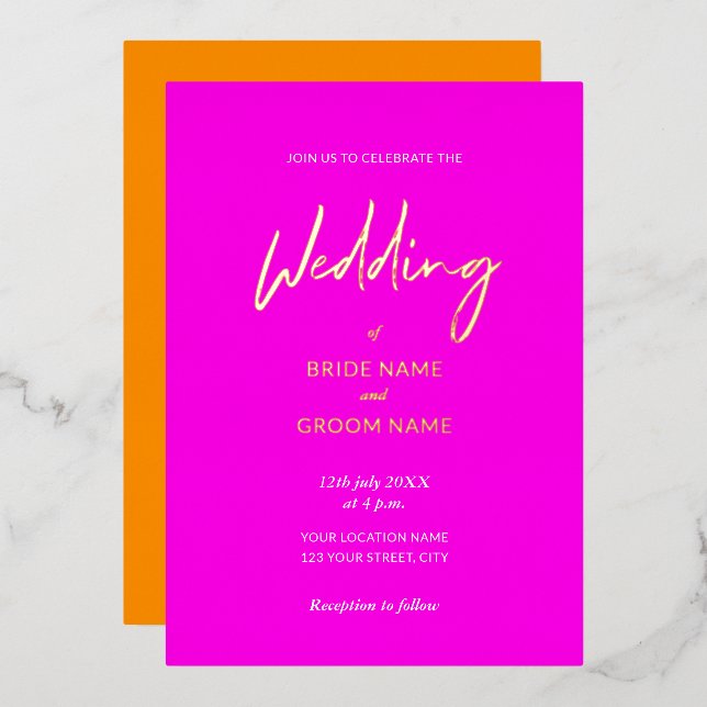 Eyecatching Pink Orange Script Wedding Modern Foil Invitation (Front/Back)