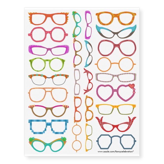 Eyeglasses Retro Modern Hipster 28 Frames Temporary Tattoos (Front)