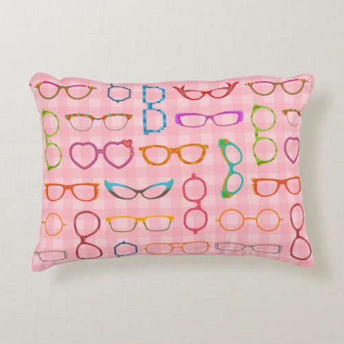 Eyeglasses Retro Modern Hipster with Pink Gingham Decorative Pillow