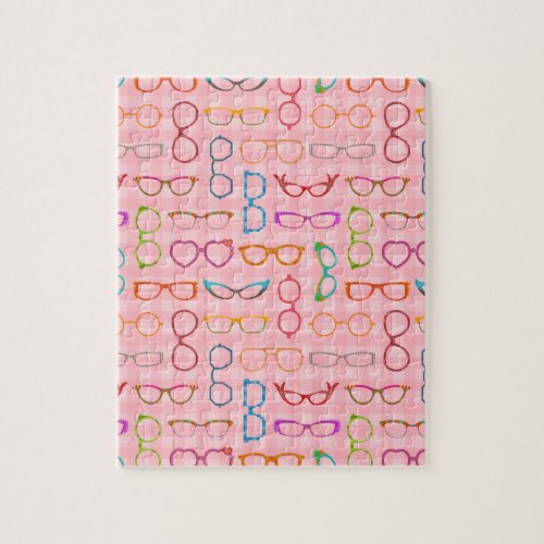 Eyeglasses Retro Modern Hipster with Pink Gingham Jigsaw Puzzle