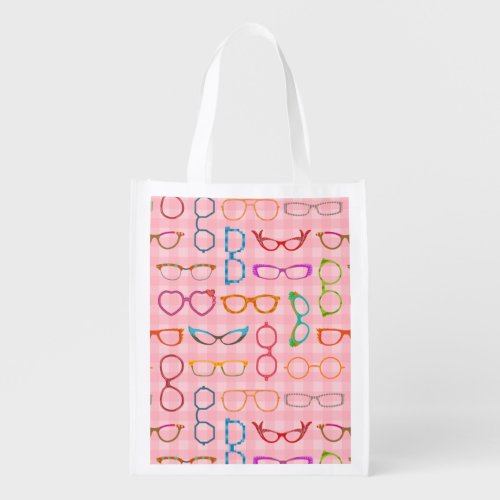 Eyeglasses Retro Modern Hipster with Pink Gingham Reusable Grocery Bag