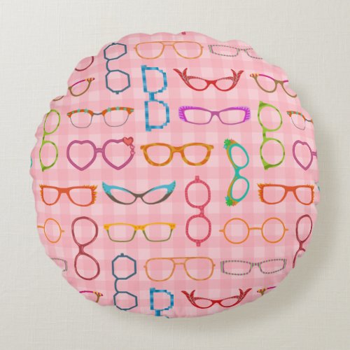 Eyeglasses Retro Modern Hipster with Pink Gingham Round Pillow