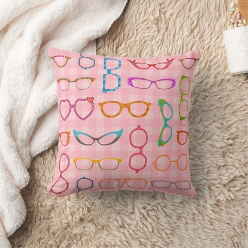 Eyeglasses Retro Modern Hipster with Pink Gingham Throw Pillow