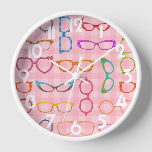 Eyeglasses Retro Modern Hipster with Pink Gingham Wall Clock
