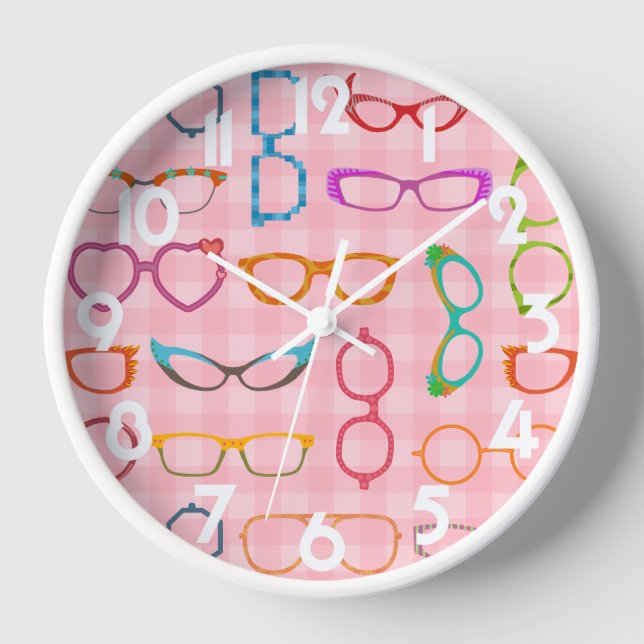 Eyeglasses Retro Modern Hipster with Pink Gingham Wall Clock (Front)
