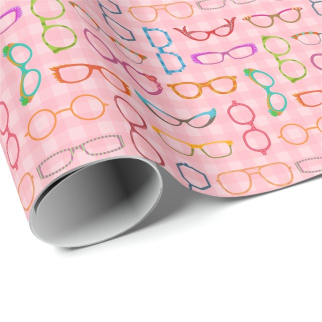 Eyeglasses Retro Modern Hipster with Pink Gingham Wrapping Paper (Roll Corner)
