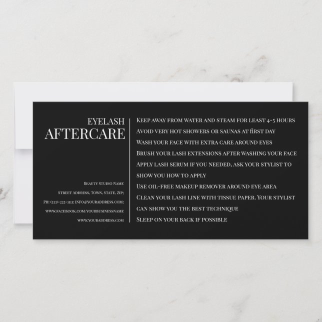 Eyelash Aftercare Instruction Black Horizontal Thank You Card (Front)